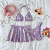 BXOXO Women's Three Piece Bathing Suits Sleeveless Halter Neck Bra Fish Scale Skirt Thong Sets Summer Holiday Beachwear